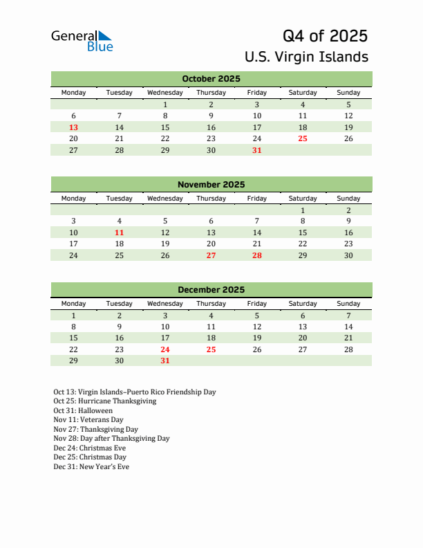 Quarterly Calendar 2025 with U.S. Virgin Islands Holidays