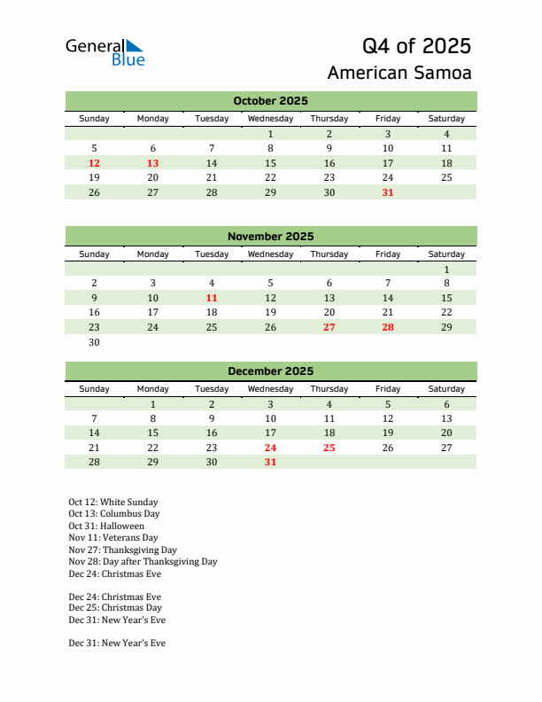 Quarterly Calendar 2025 with American Samoa Holidays