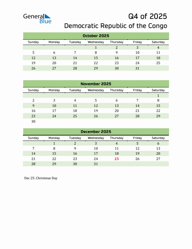 Quarterly Calendar 2025 with Democratic Republic of the Congo Holidays