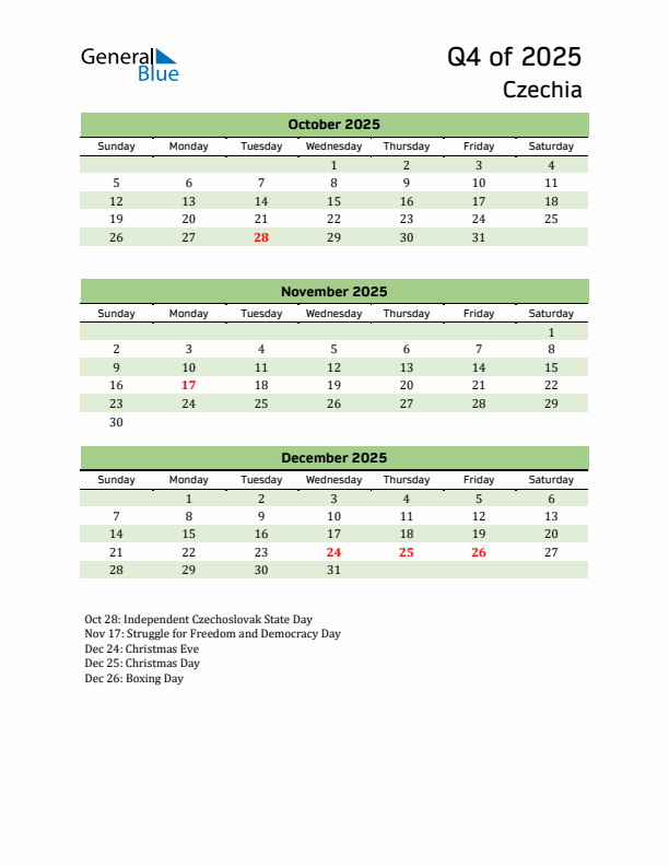 Quarterly Calendar 2025 with Czechia Holidays