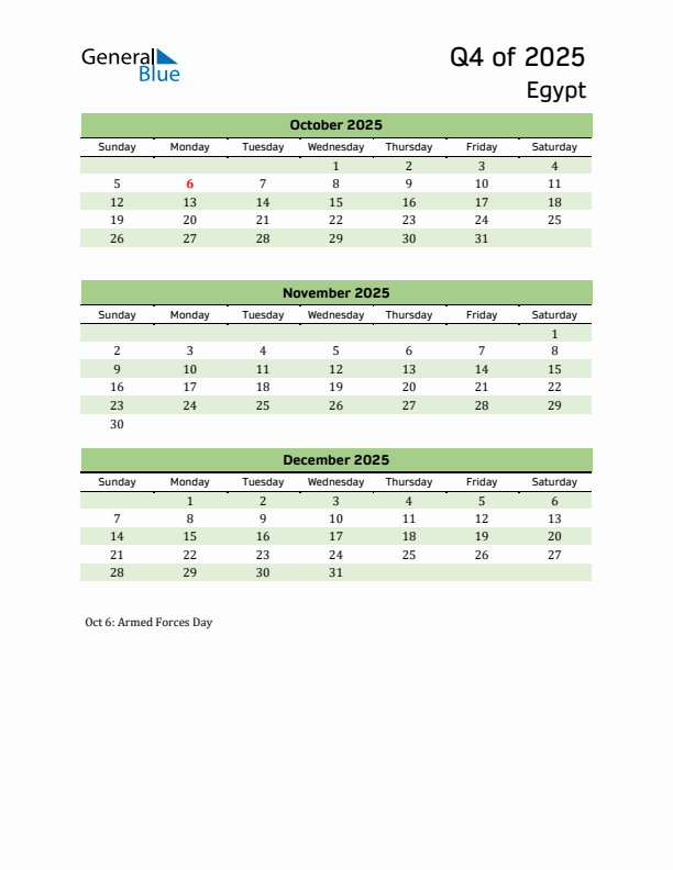 Quarterly Calendar 2025 with Egypt Holidays