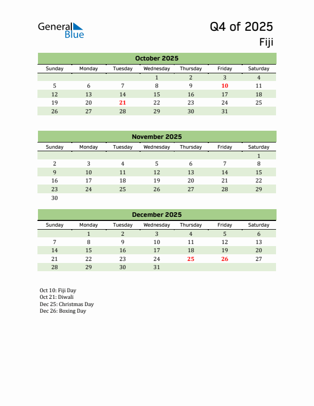 Quarterly Calendar 2025 with Fiji Holidays