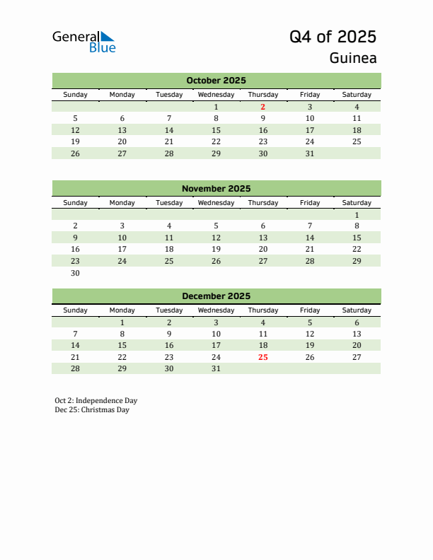 Quarterly Calendar 2025 with Guinea Holidays