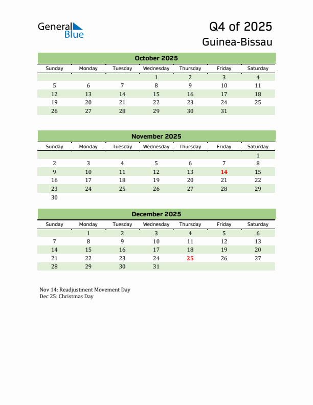 Quarterly Calendar 2025 with Guinea-Bissau Holidays