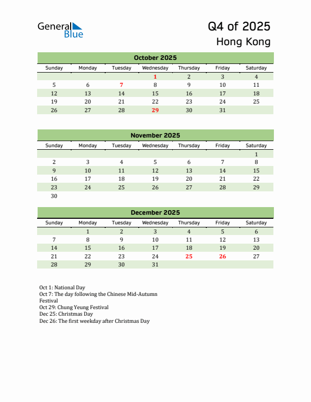 Quarterly Calendar 2025 with Hong Kong Holidays