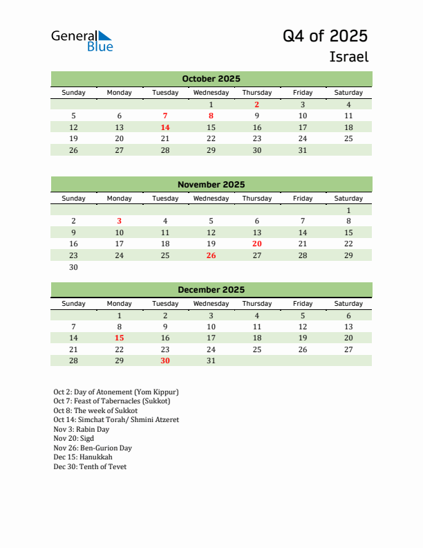 Quarterly Calendar 2025 with Israel Holidays