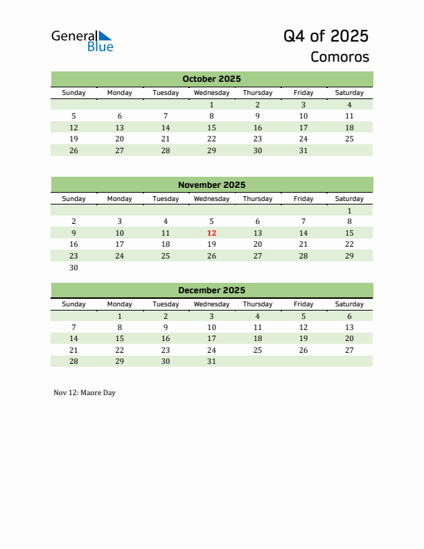 Quarterly Calendar 2025 with Comoros Holidays