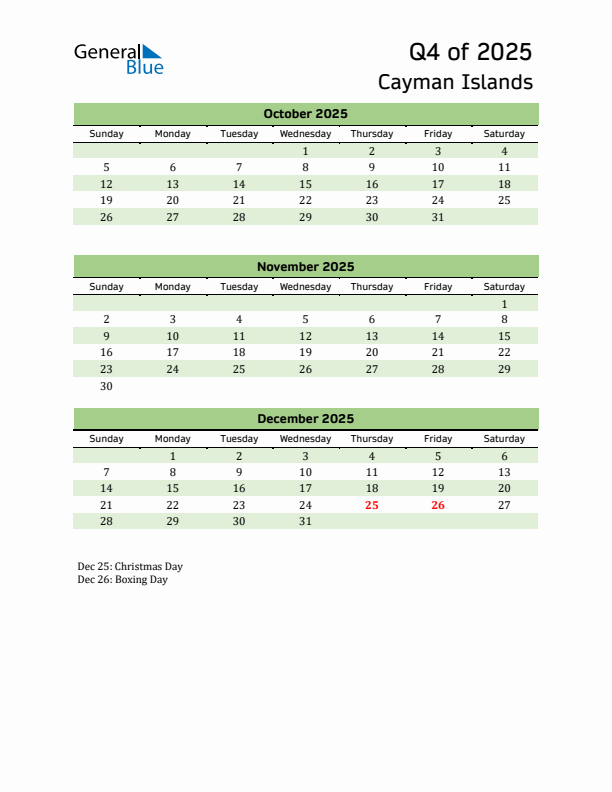 Quarterly Calendar 2025 with Cayman Islands Holidays