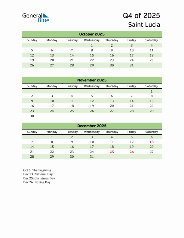 Quarterly Calendar 2025 with Saint Lucia Holidays