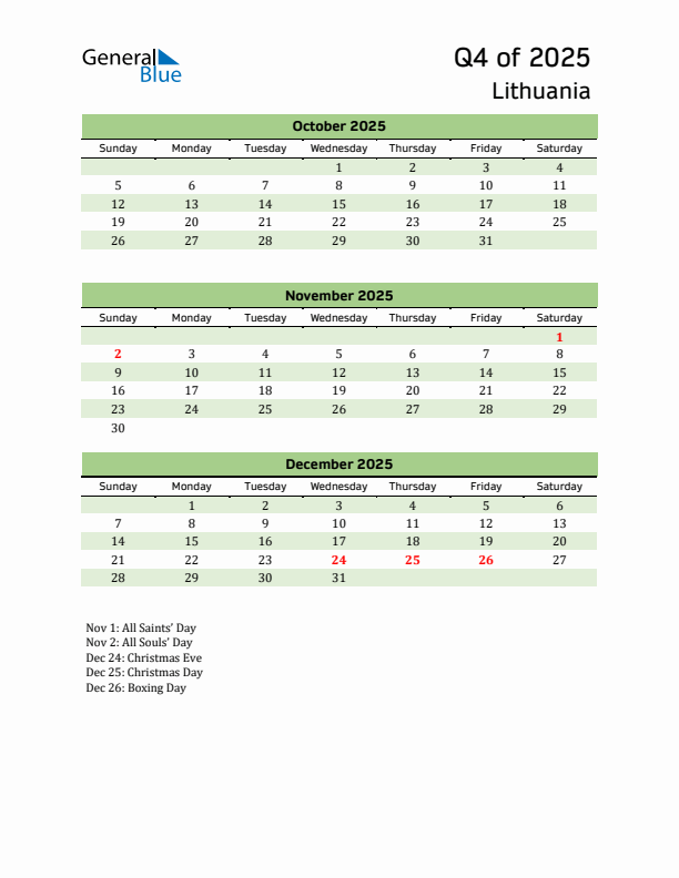 Quarterly Calendar 2025 with Lithuania Holidays
