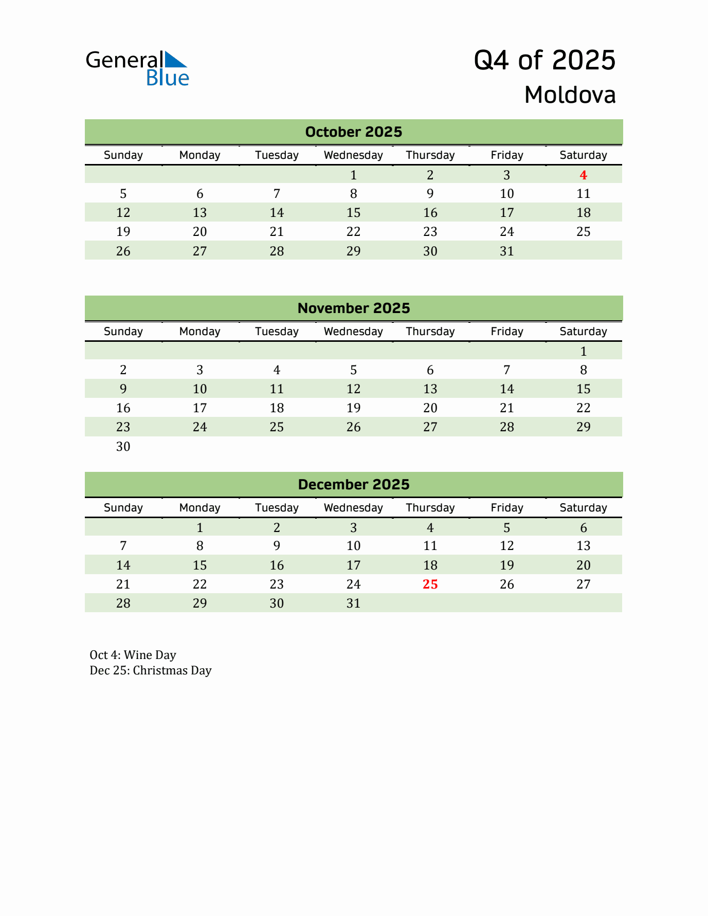 Quarterly Calendar 2025 with Moldova Holidays