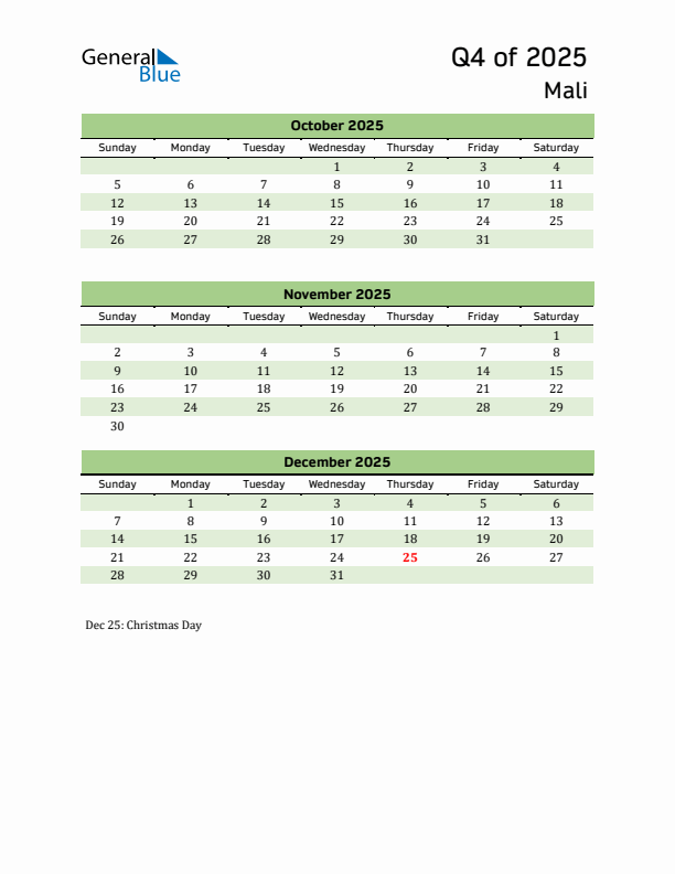 Quarterly Calendar 2025 with Mali Holidays