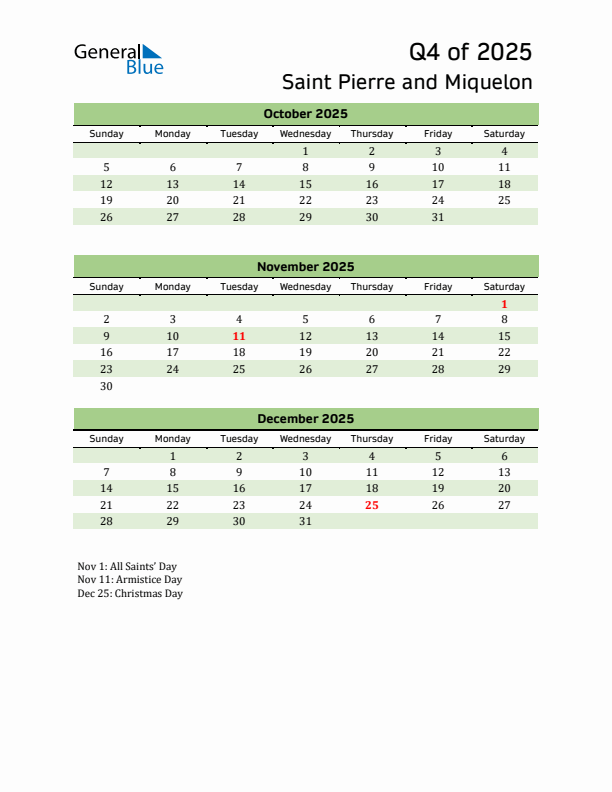 Quarterly Calendar 2025 with Saint Pierre and Miquelon Holidays