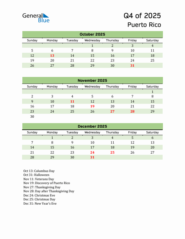 Quarterly Calendar 2025 with Puerto Rico Holidays