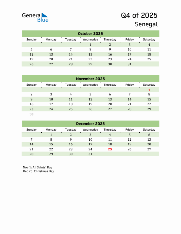 Quarterly Calendar 2025 with Senegal Holidays