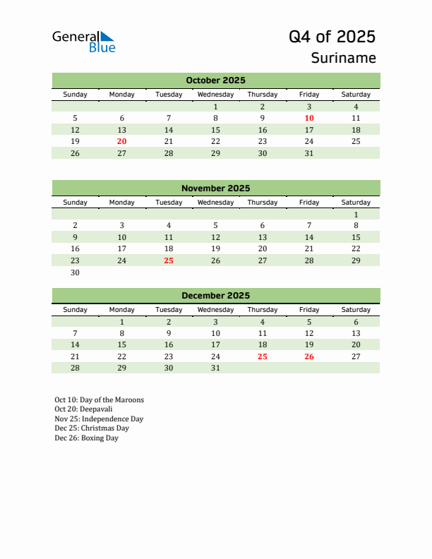 Quarterly Calendar 2025 with Suriname Holidays