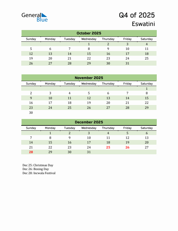 Quarterly Calendar 2025 with Eswatini Holidays