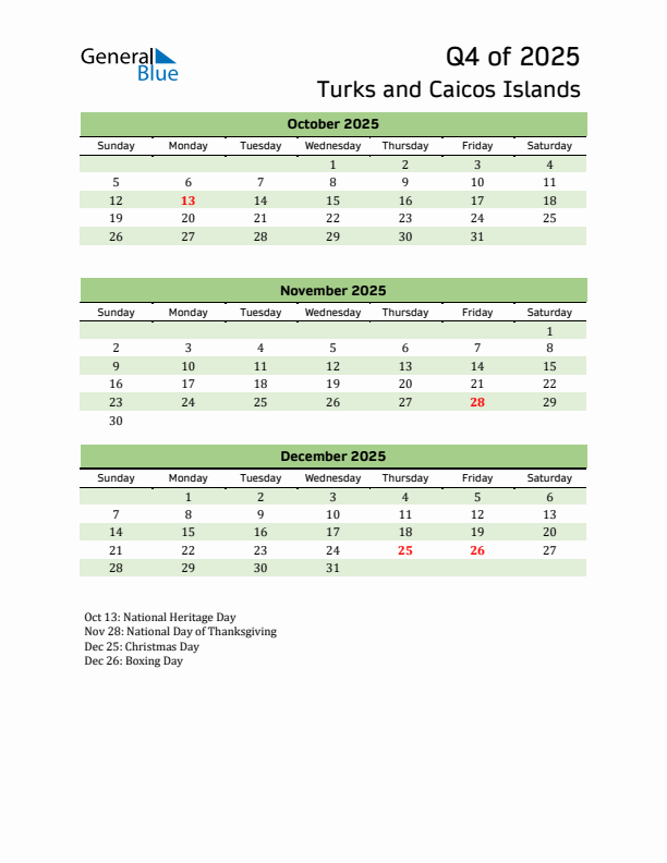 Quarterly Calendar 2025 with Turks and Caicos Islands Holidays