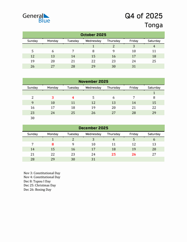 Quarterly Calendar 2025 with Tonga Holidays