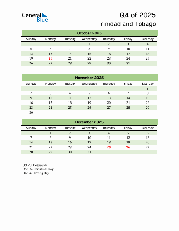 Quarterly Calendar 2025 with Trinidad and Tobago Holidays