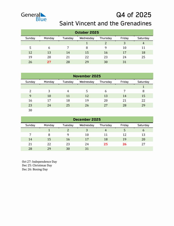 Quarterly Calendar 2025 with Saint Vincent and the Grenadines Holidays