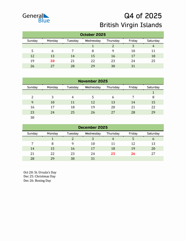 Quarterly Calendar 2025 with British Virgin Islands Holidays