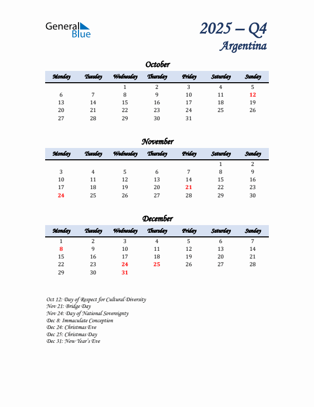 October, November, and December Calendar for Argentina with Monday Start