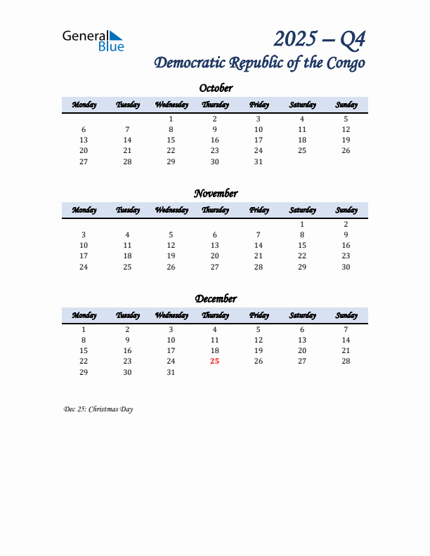 October, November, and December Calendar for Democratic Republic of the Congo with Monday Start