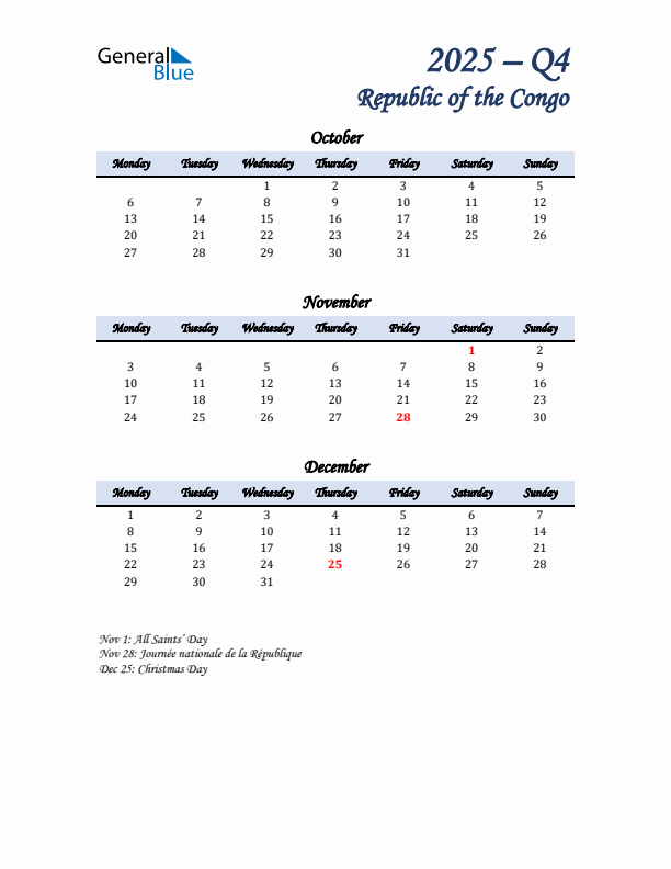 October, November, and December Calendar for Republic of the Congo with Monday Start