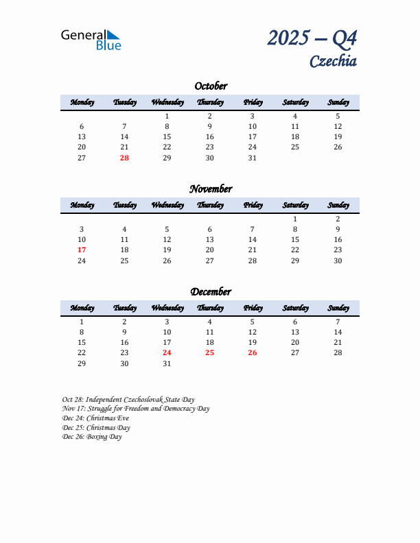 October, November, and December Calendar for Czechia with Monday Start