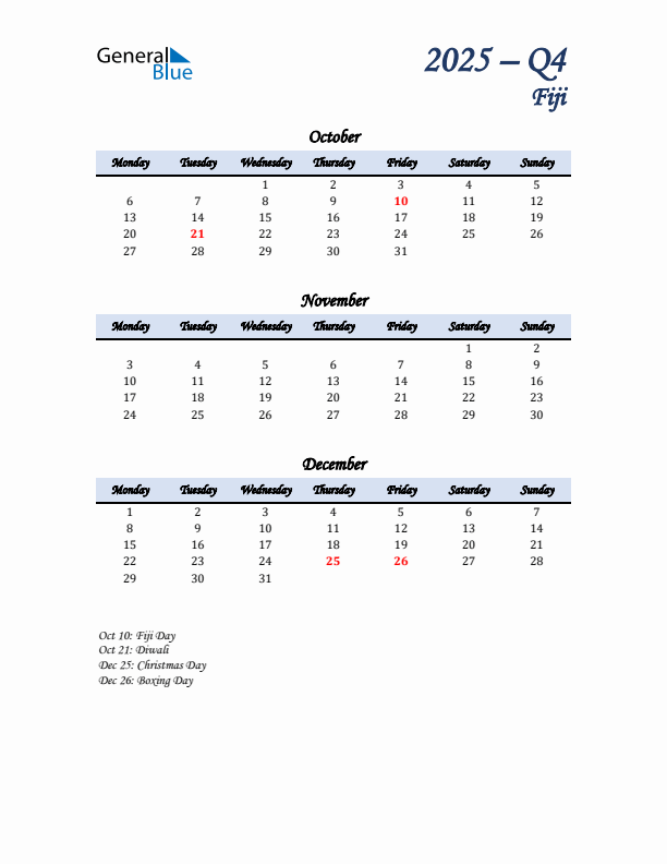 October, November, and December Calendar for Fiji with Monday Start