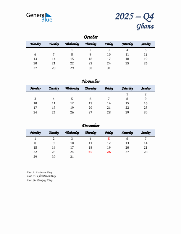 October, November, and December Calendar for Ghana with Monday Start