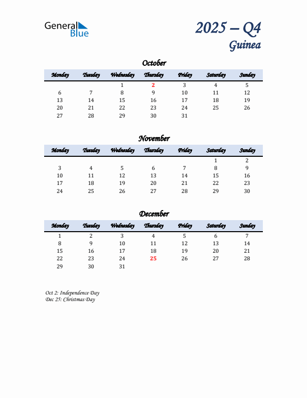 October, November, and December Calendar for Guinea with Monday Start