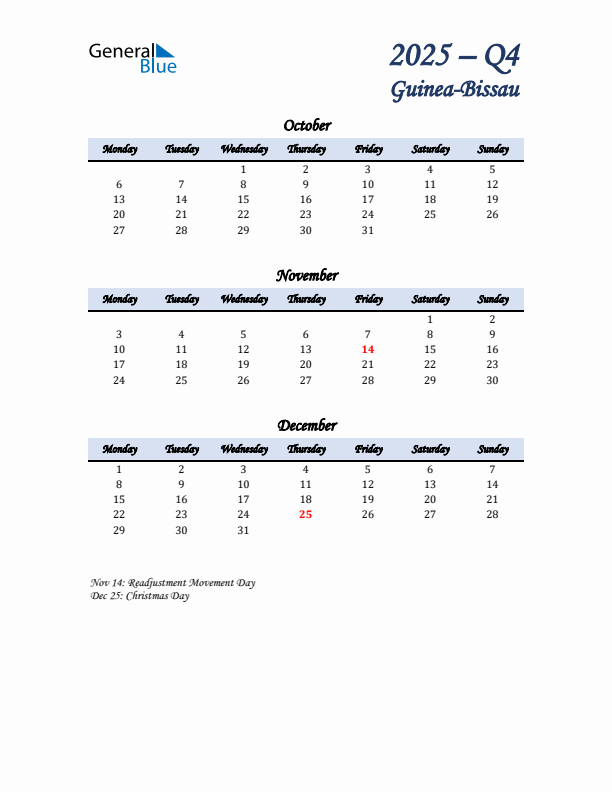 October, November, and December Calendar for Guinea-Bissau with Monday Start