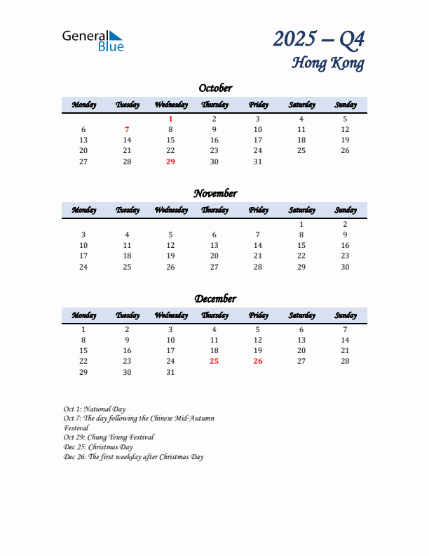 October, November, and December Calendar for Hong Kong with Monday Start