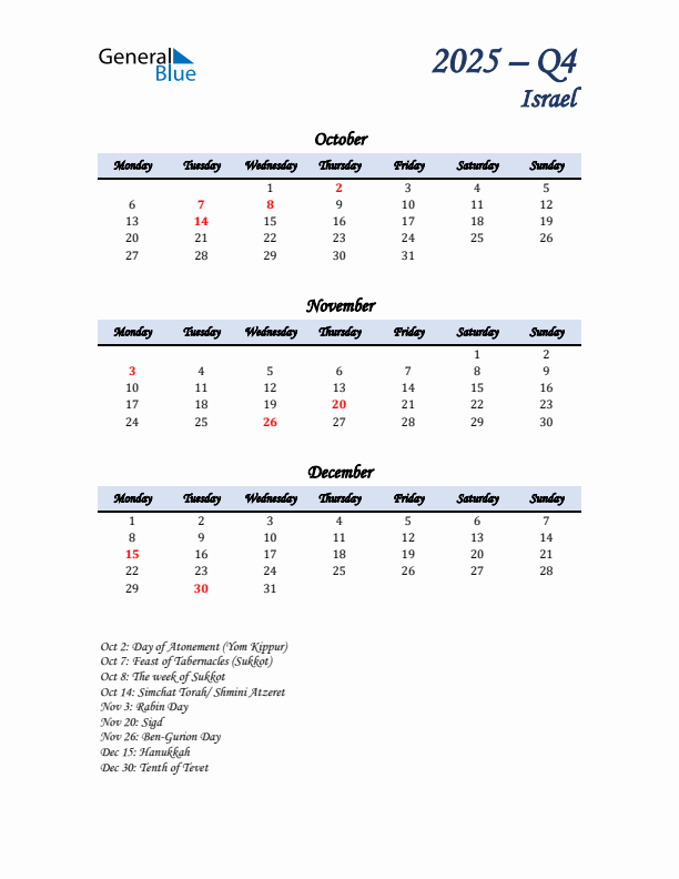 October, November, and December Calendar for Israel with Monday Start
