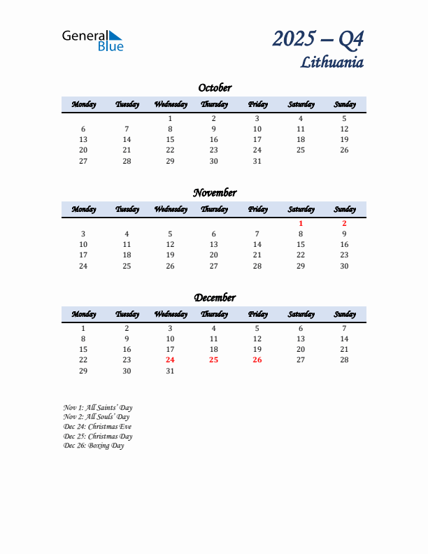October, November, and December Calendar for Lithuania with Monday Start