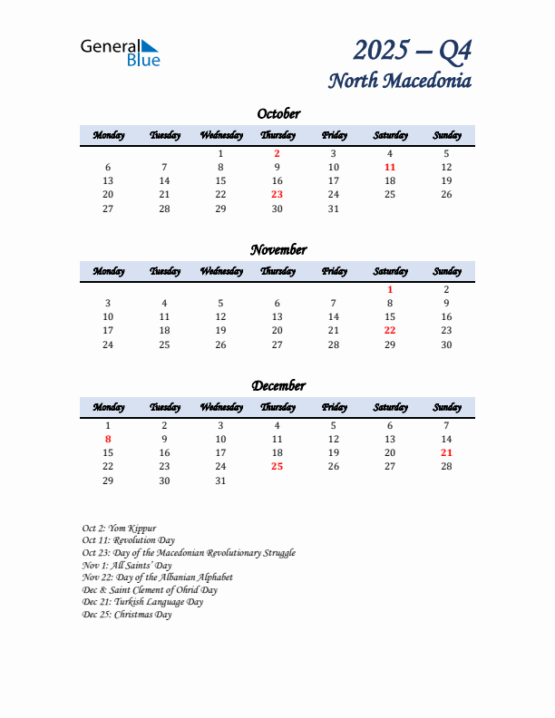 October, November, and December Calendar for North Macedonia with Monday Start