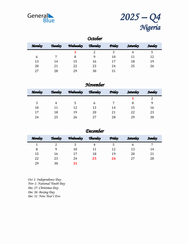 October, November, and December Calendar for Nigeria with Monday Start