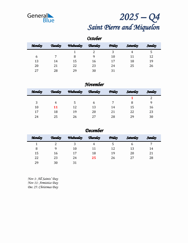October, November, and December Calendar for Saint Pierre and Miquelon with Monday Start