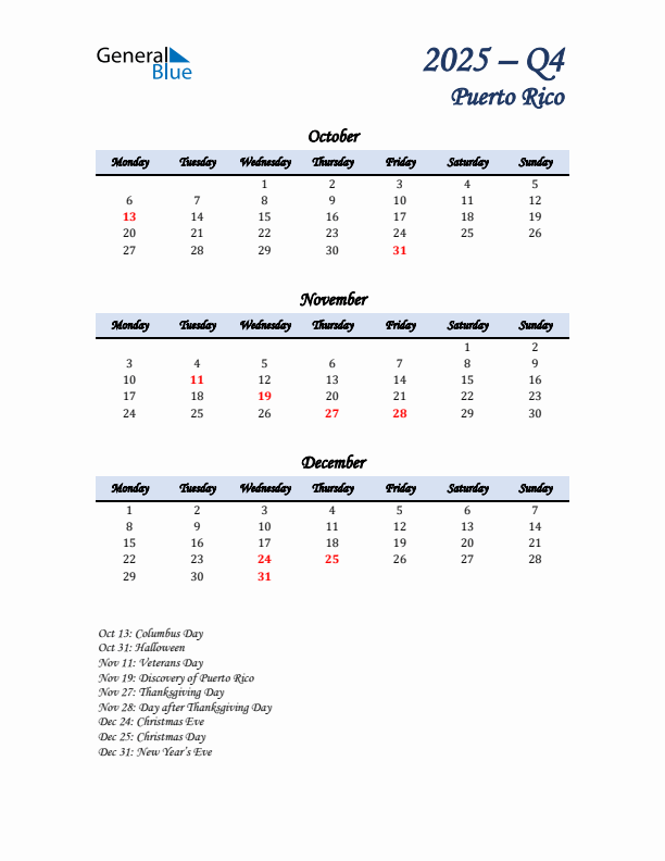 October, November, and December Calendar for Puerto Rico with Monday Start