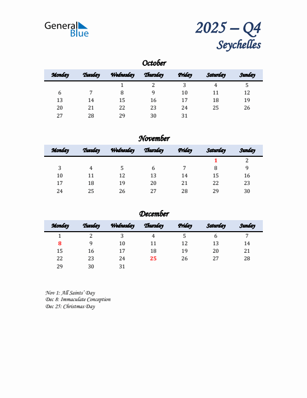 October, November, and December Calendar for Seychelles with Monday Start