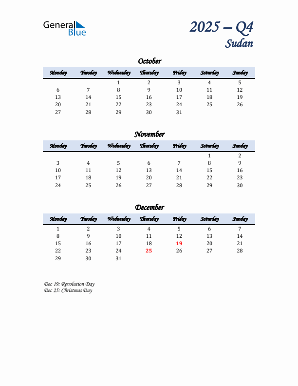 October, November, and December Calendar for Sudan with Monday Start