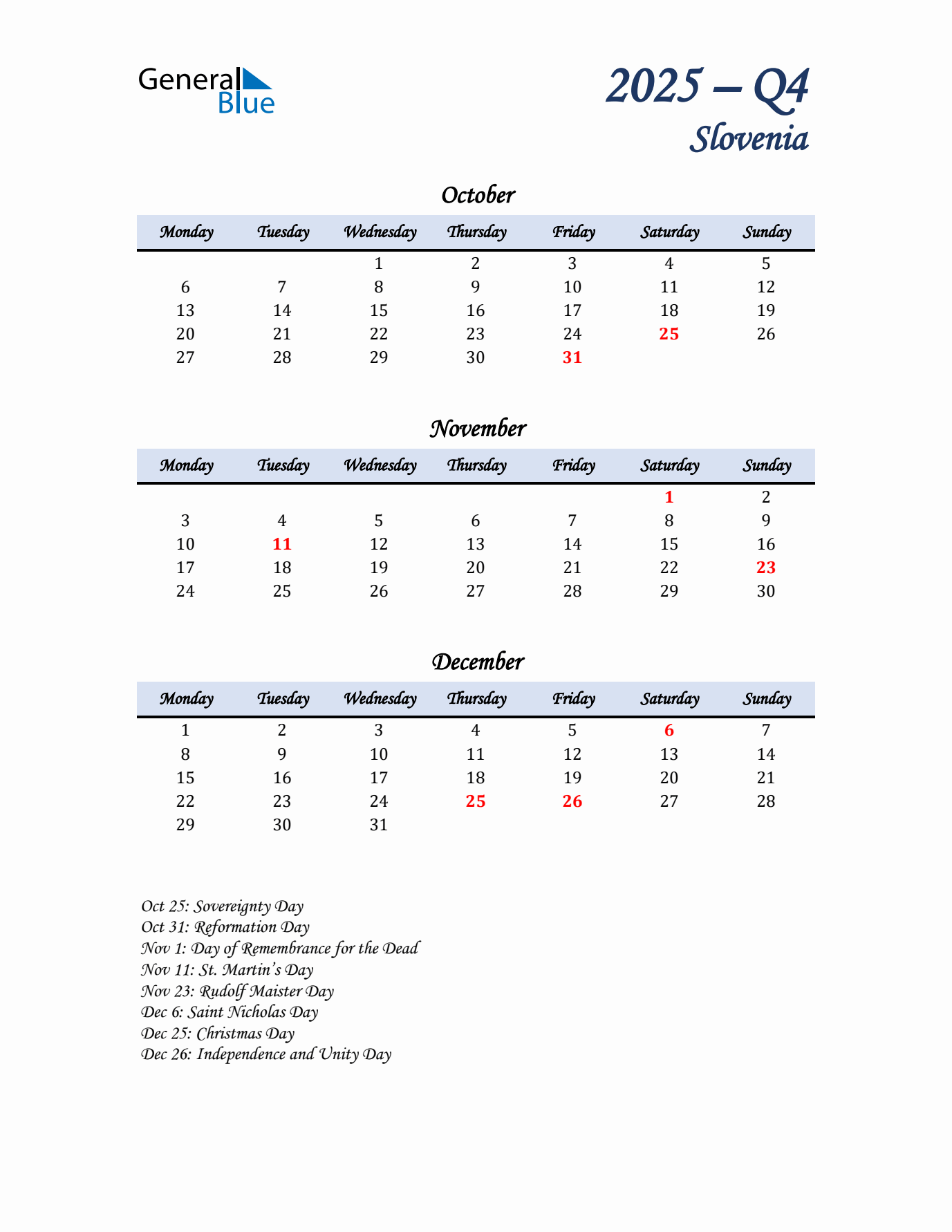 October, November, and December Calendar for Slovenia with Monday Start