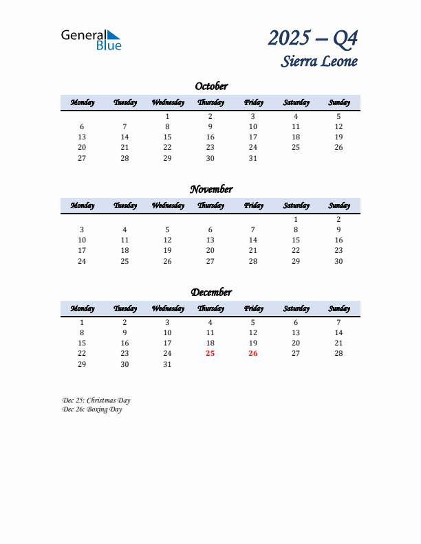 October, November, and December Calendar for Sierra Leone with Monday Start