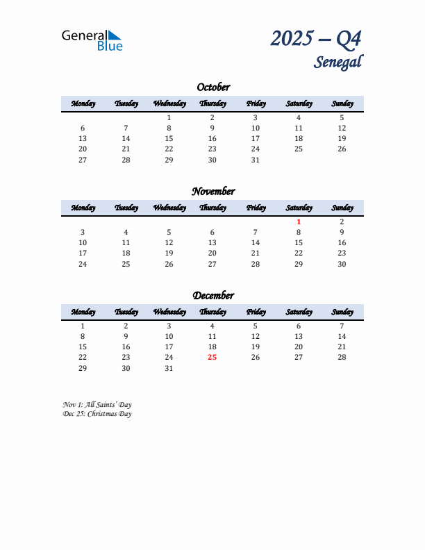 October, November, and December Calendar for Senegal with Monday Start