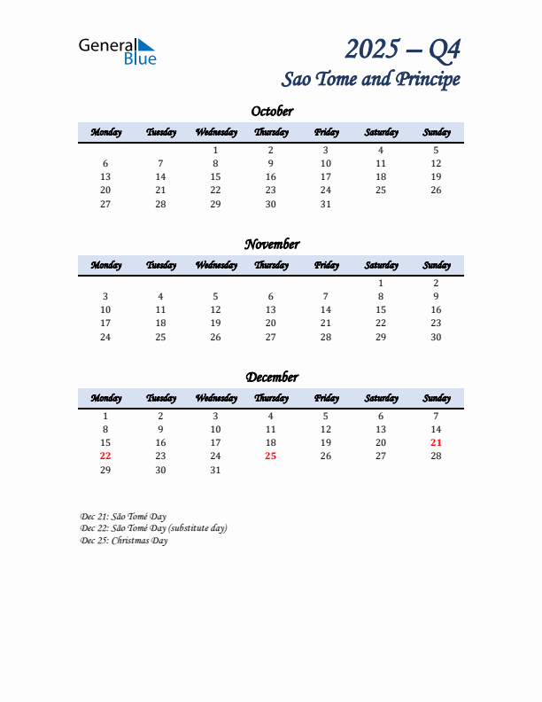 October, November, and December Calendar for Sao Tome and Principe with Monday Start