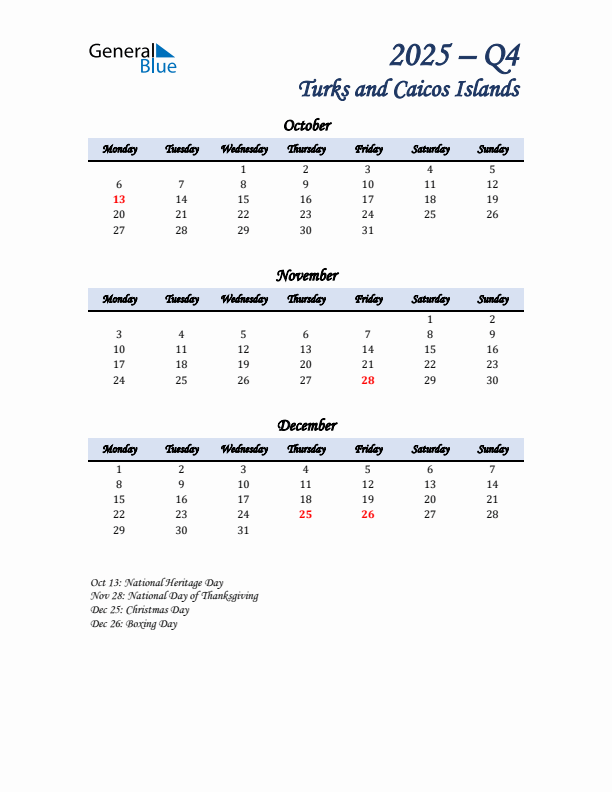 October, November, and December Calendar for Turks and Caicos Islands with Monday Start