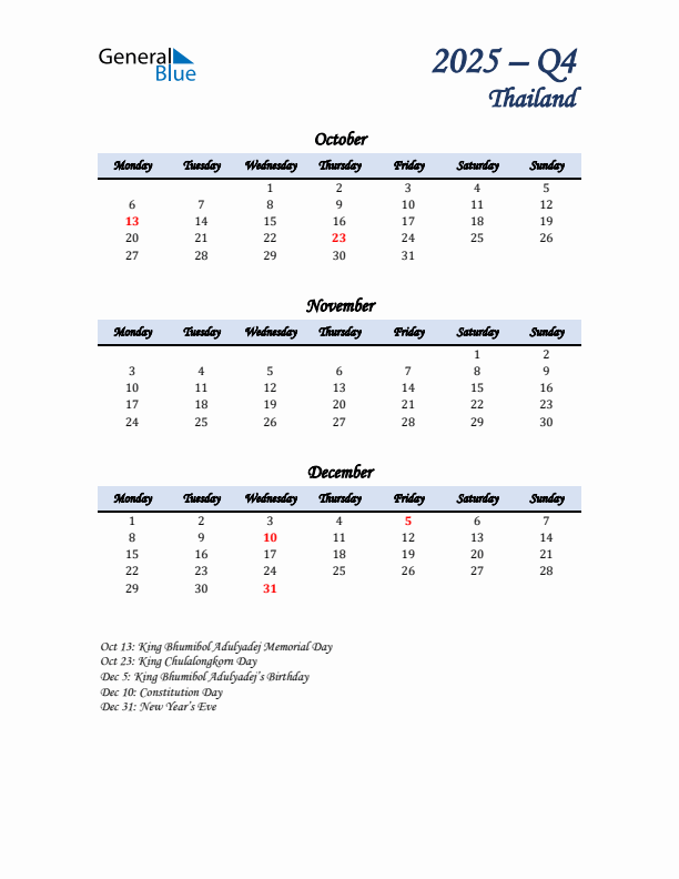 October, November, and December Calendar for Thailand with Monday Start