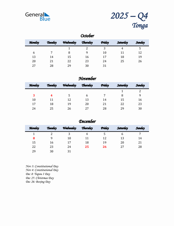 October, November, and December Calendar for Tonga with Monday Start